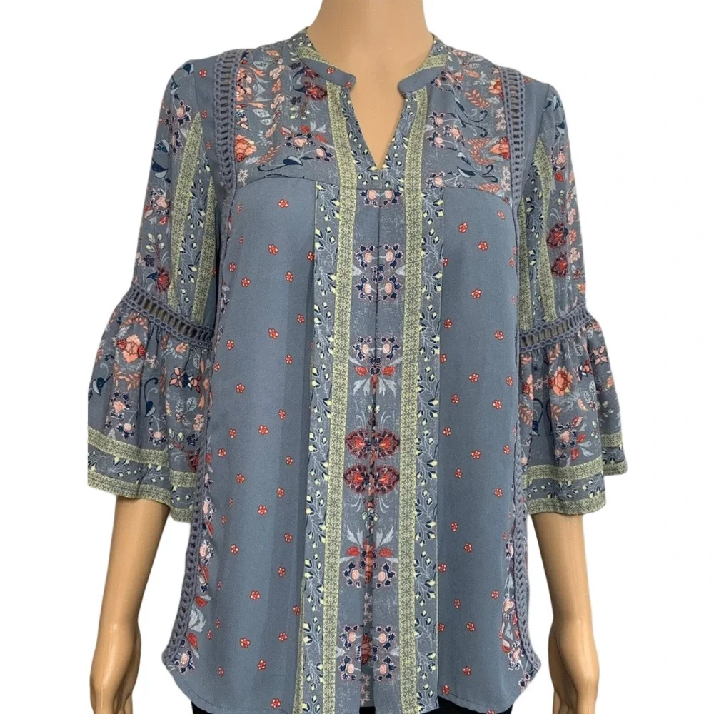 Knox Rose Blue Floral Boho Peasant Blouse - Picture 1 of 7